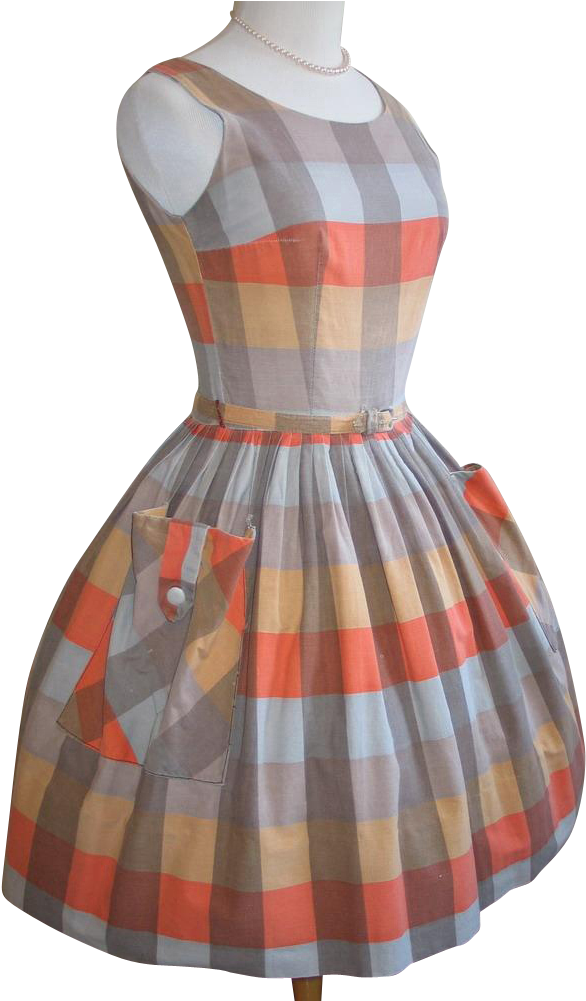Vintage 1950s 1960s Orange Cocoa Gold Plaid Fit N Flare - Cocktail Dress (1000x1000), Png Download