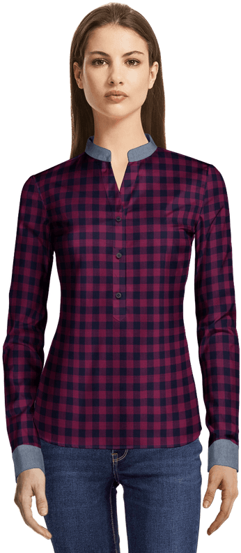 New Red Flannel Checked Shirt With Contrasted Cuffs - Sumissura Women's Blue Bracelet Sleeve Blouse, Tailored (437x807), Png Download