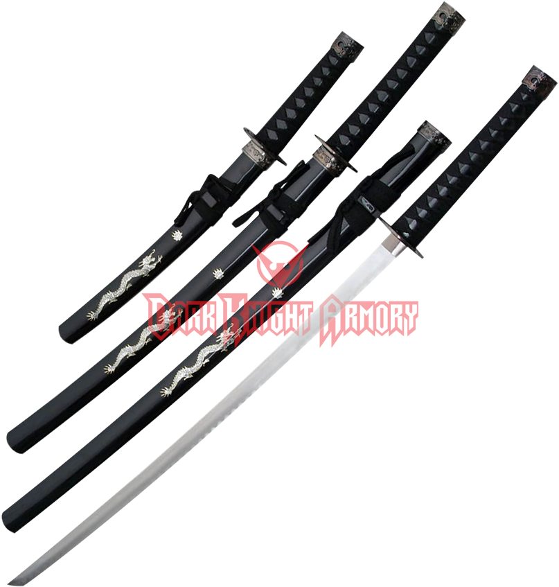 Black Pearl Dragon Japanese Sword Set (850x850), Png Download