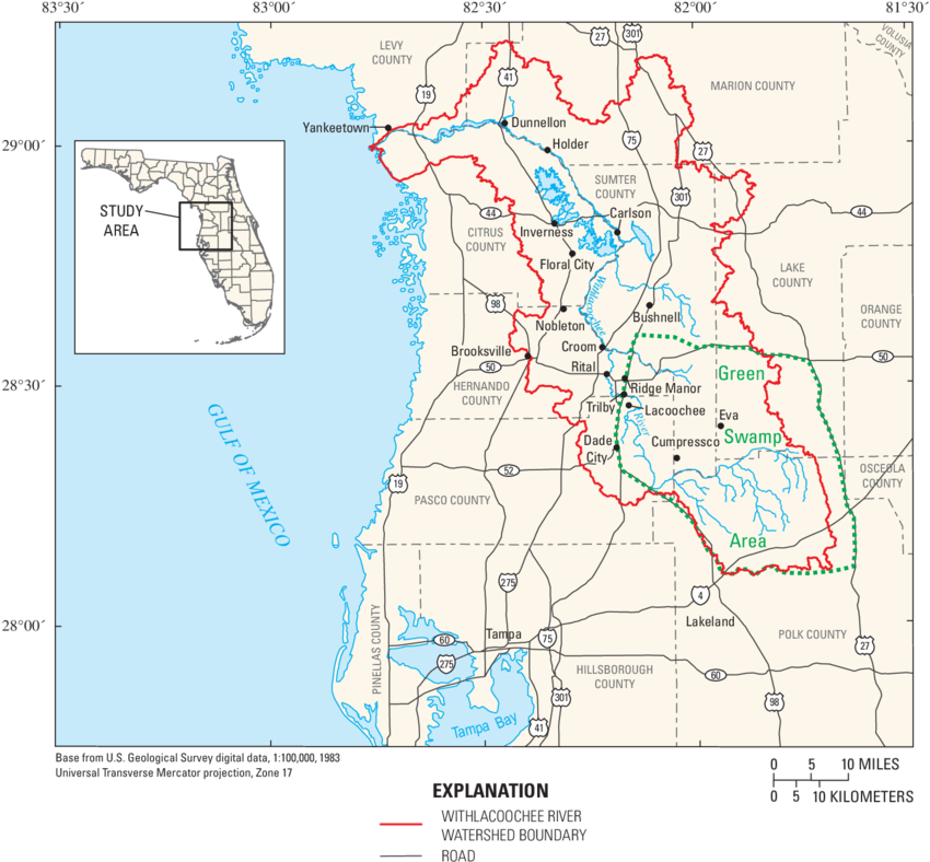 Location Of The Withlacoochee River Watershed, West-central - Withlacoochee River Location (850x788), Png Download