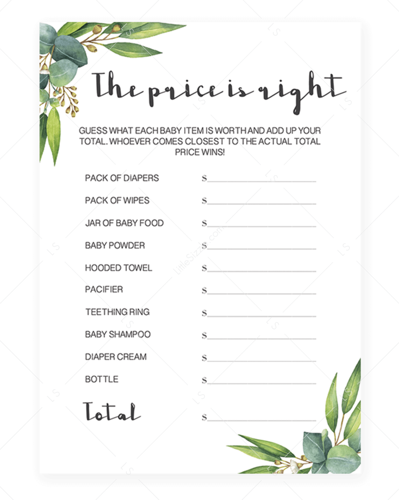 Greenery Baby Shower The Price Is Right Game Printable (819x1024), Png Download