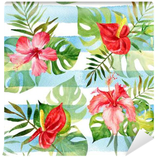 Seamless Pattern With Watercolor Tropical Flowers And - Printing (400x400), Png Download