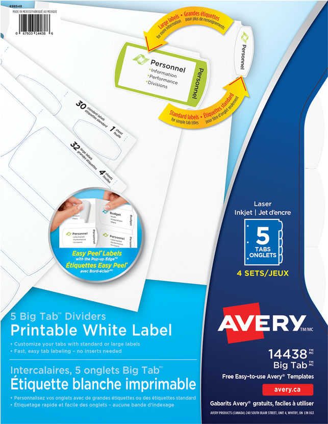 Avery® Big Tab Easy Peel Label Dividers 5 Tabs 4 Sets/pkg - Insertable Style Edge Tab Plastic Dividers 8-tab Letter (850x850), Png Download