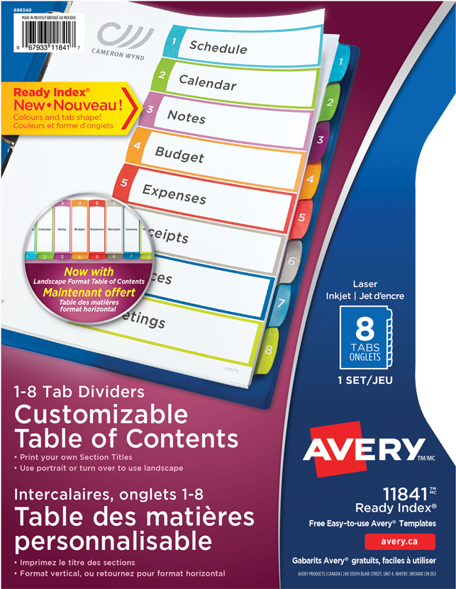 Avery® Ready Index® Customizable Table Of Contents - Avery Style Edge Insertable Plastic Dividers 8-tabs (850x850), Png Download