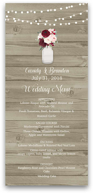 Rustic Mason Jar Burgundy Floral Custom Wedding Menu - Bachelorette Party (900x900), Png Download