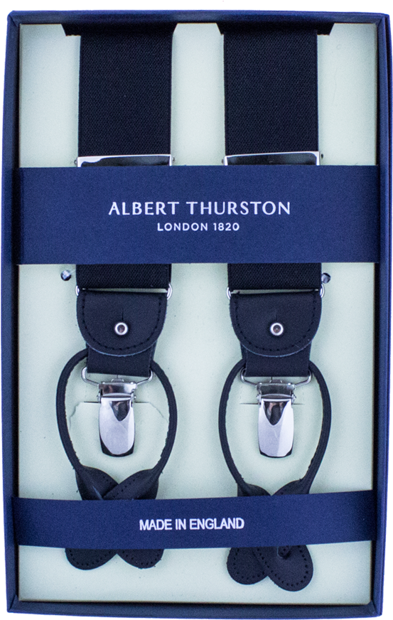 Black Suspenders - Bretelles Hommes Bandes Noir Et Bleu Albert Thurston (640x1060), Png Download