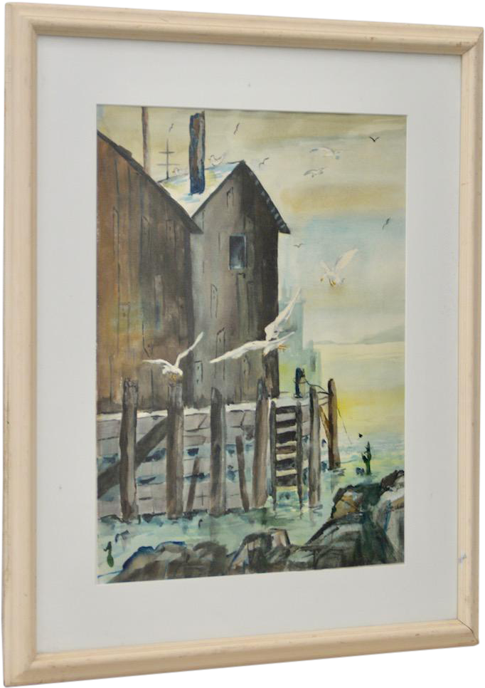 Png Freeuse Stock Coastal Docks W Sea Birds C S - Watercolor Painting (757x1072), Png Download