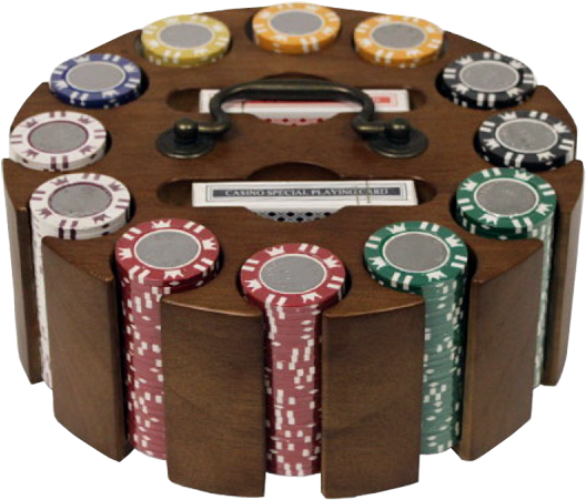 Coin Inlay Poker Chip Set With Caraousel - Poker Table (600x480), Png Download
