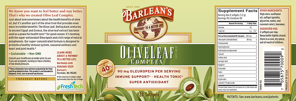 Barlean's - Olive Leaf Complex - 60 Softgels (1000x342), Png Download