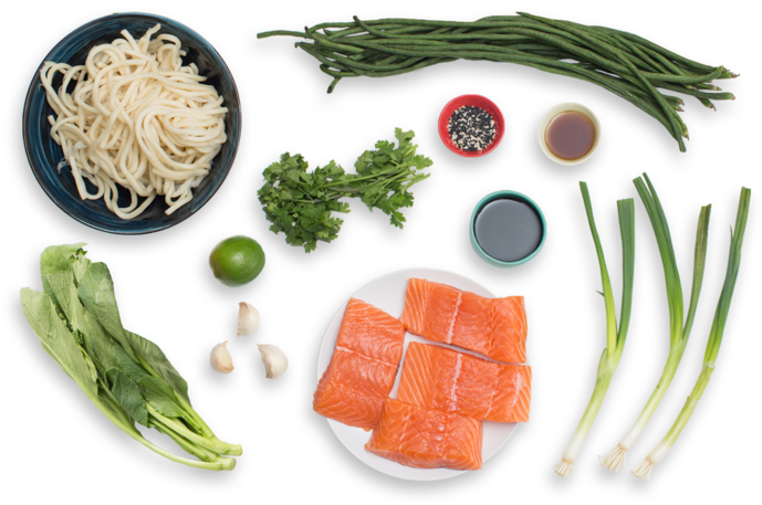 Seared Salmon & Long Beans With Teriyaki Udon Noodles - Salmon (700x477), Png Download