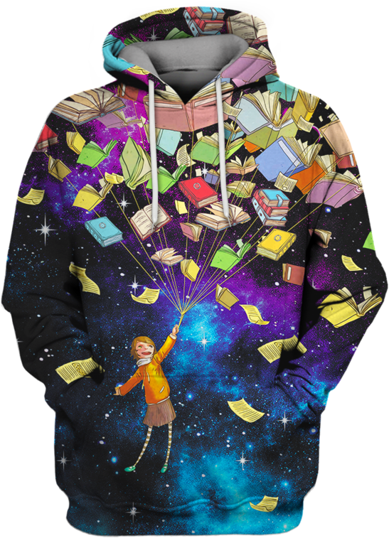 3d The Girl With Flying Books Full Print T Shirt - Hoodie (800x799), Png Download