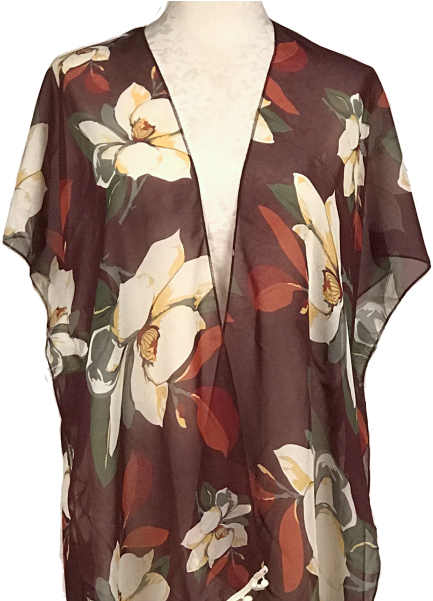 4470 Burgundy Flower Print Kimono W/fringe - Pattern (600x600), Png Download