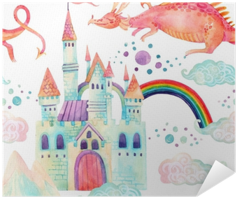 Watercolor Fairy Tale Seamless Pattern With Cute Dragon, - Cute Dragon And Castle (400x400), Png Download