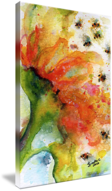 "sunflowers Bees Watercolor By Ginette" By Ginette - Gallery-wrapped Canvas Art Print 32 X 48 Entitled Sunflowers (382x650), Png Download