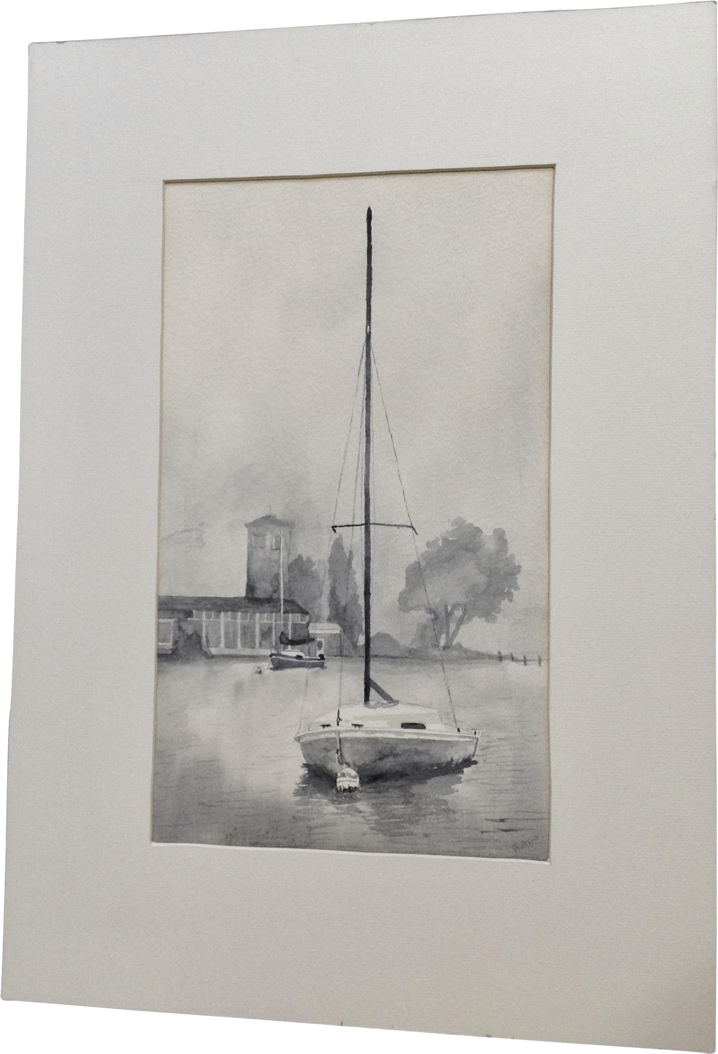 Bady, Nautical Landscape Sailboat At Mooring Mono Tone - Painting (2048x2048), Png Download