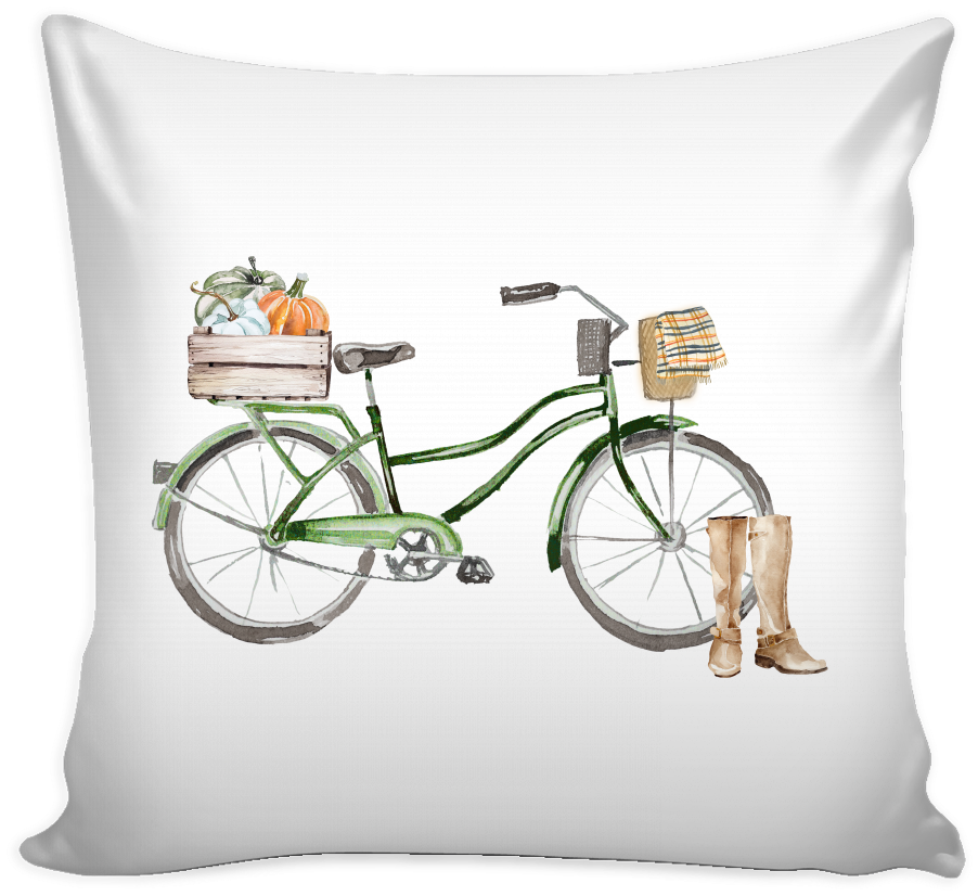 Green Fall Watercolor Bicycle With Pumpkins Pillow - Pillow (1024x1024), Png Download
