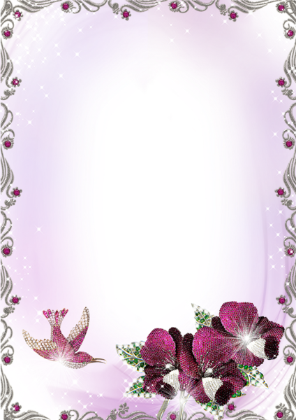 Large Silver And Purple Transparent Frame With Flowers - Png Format Frames Png Files (424x600), Png Download