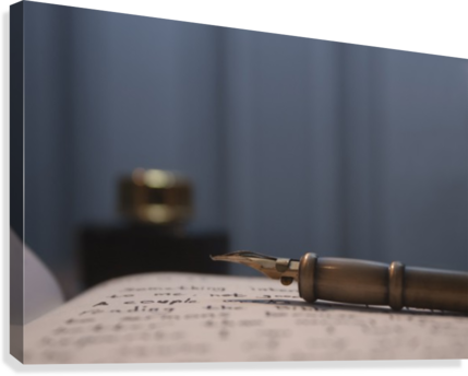 Feather Pen On A Page With Text And Ink In Blurry Background - Ink (429x344), Png Download