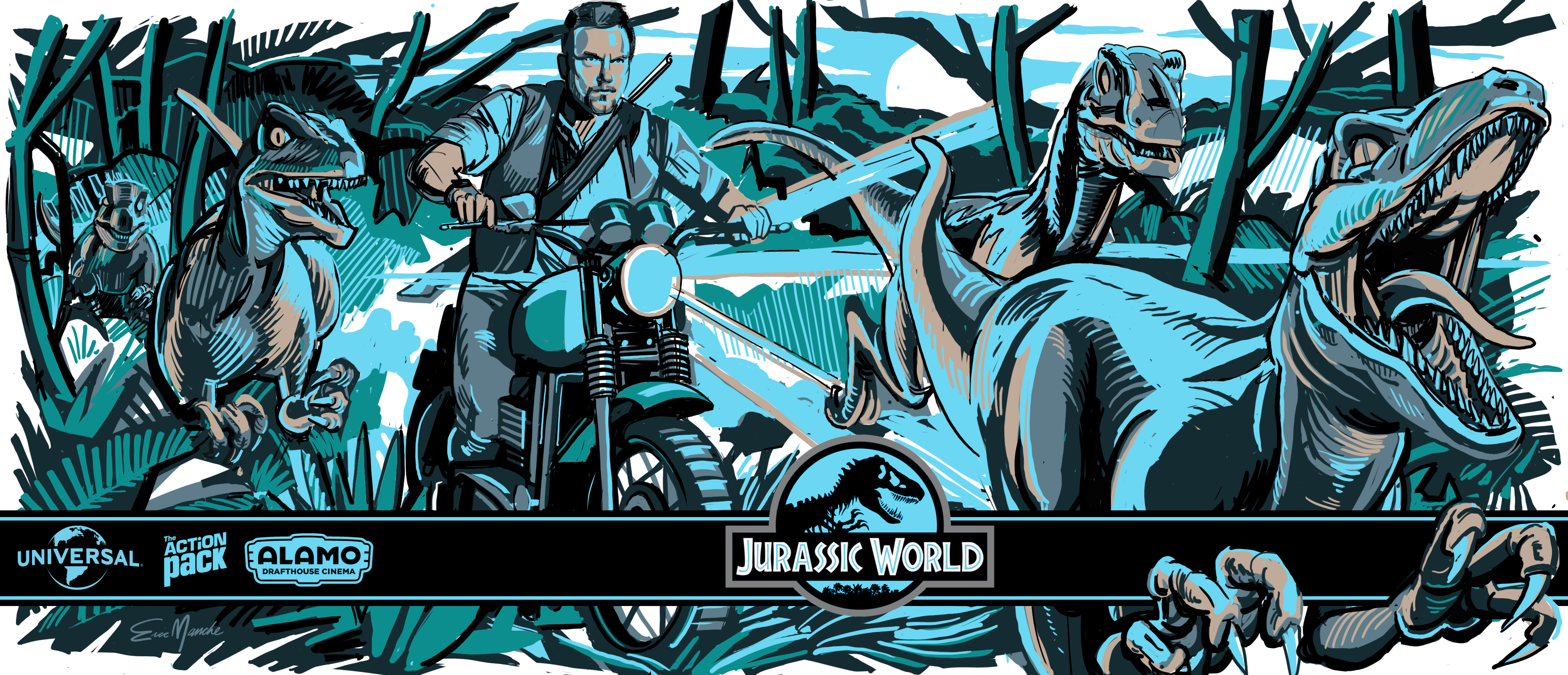 Jurassic World Illustration For Alamo Drafthouse Pint - Drafthouse Pint Glass (4000x1722), Png Download