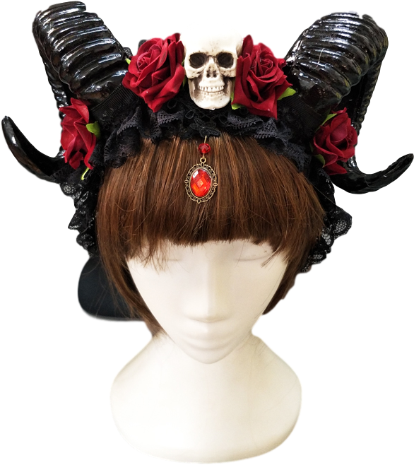 Horn Headband Gothic Skull Floral Accessories - Devil Horns Goth (700x739), Png Download