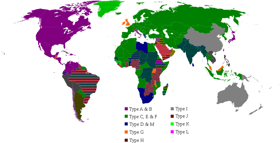 Types Of Power Plugs And Sockets Used By Country - Red And Blue Map Of The World (1000x559), Png Download