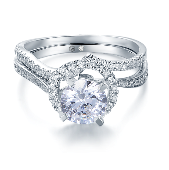 Silhouette Glamorous Wave Diamond Wedding Ring Set - Solitaire Pave Diamond Ring (600x600), Png Download