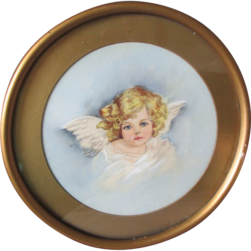 Charming C1900 Victorian Folk Art Watercolor Of An - Angel (847x847), Png Download