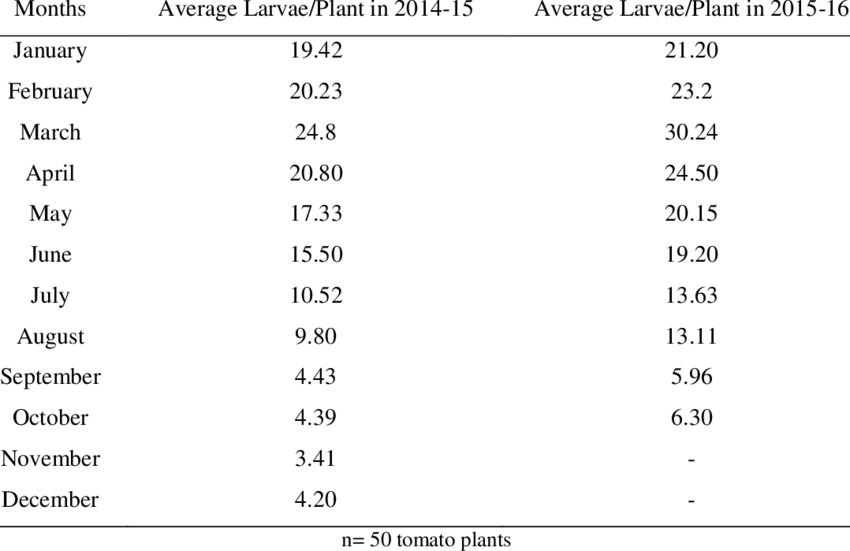 Average Tuta Absoluta Larvae Infestation On Tomato - Table (850x551), Png Download