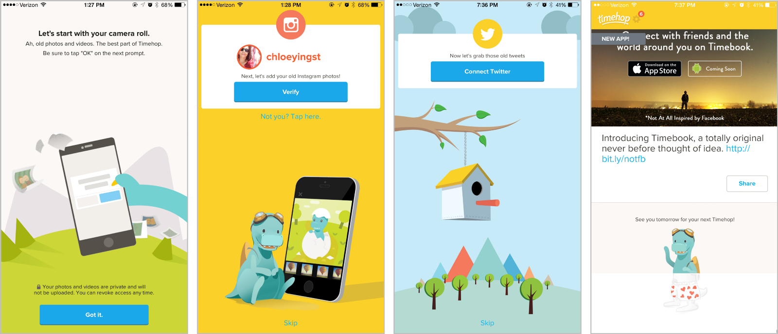 Timehop's Mascot, Abe, Is A Time Traveling Dinosaur - Mascot Onboarding (1600x687), Png Download