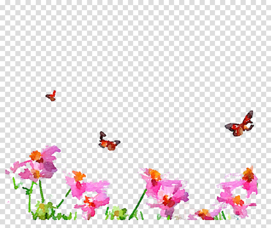 Watercolor Flowers Butterflies Frames Clipart Watercolor - Flower Pink Butterfly Png (900x760), Png Download