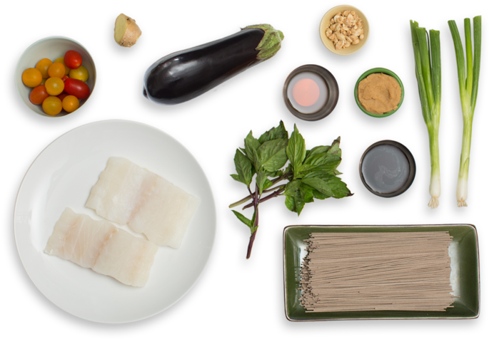 Cod & Miso Soba Noodles With Multicolored Cherry Tomatoes (700x477), Png Download