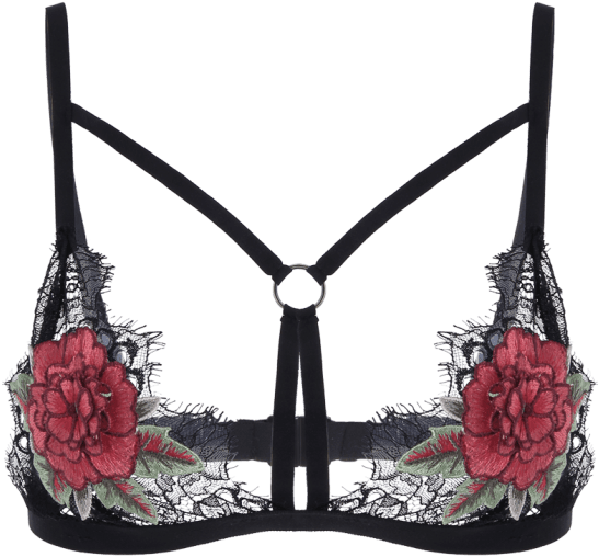 2018 Caged Bralette Floral Applique Lace Bra In Black (558x744), Png Download