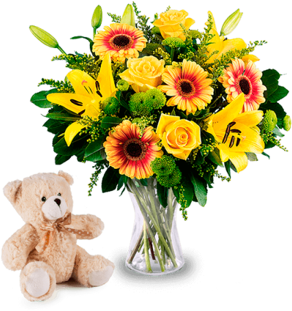 Roses, Lilies With Free Teddy - Mazzo Di Fiori Gialli (480x480), Png Download