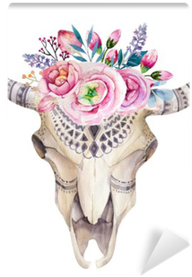Watercolor Cow Skull With Flowers And Feathers Decoration - Cow And Flowers (400x400), Png Download