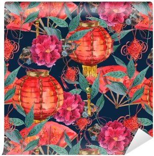 Seamless Watercolor Chinese New Year Background Wallpaper - Oriental Chinese New Year Silk Framed Art (400x400), Png Download