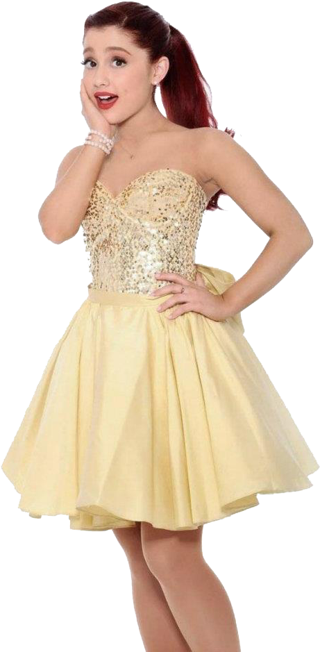 This Site Contains All Information About Jennette Mccurdy - Ariana Grande Yellow Dress (585x960), Png Download