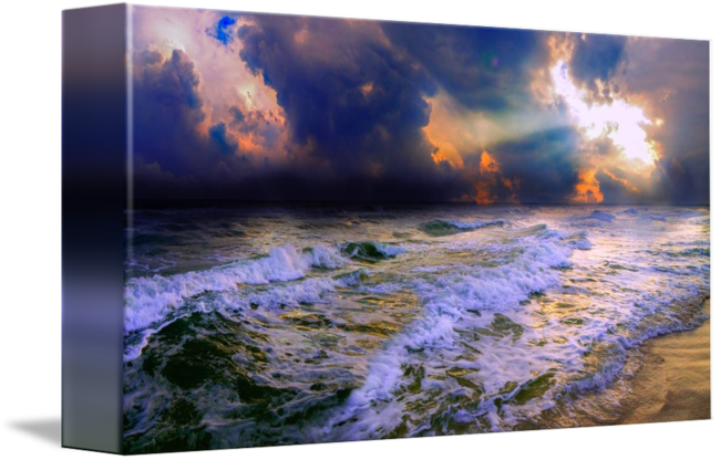 Stormy Cloudy Ocean Sunset Blue Waves Rays By Eszra - Cloudy Ocean Sunset (650x416), Png Download