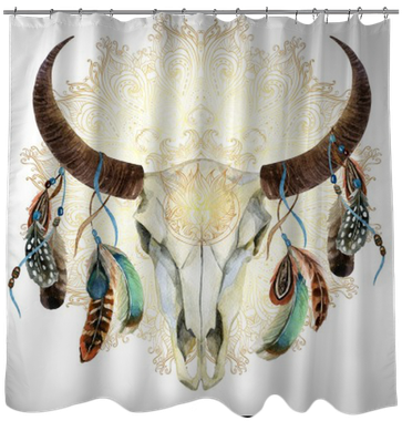 Watercolor Cow Skull With Feathers Shower Curtain • - Animal Skull With Feathers (400x400), Png Download