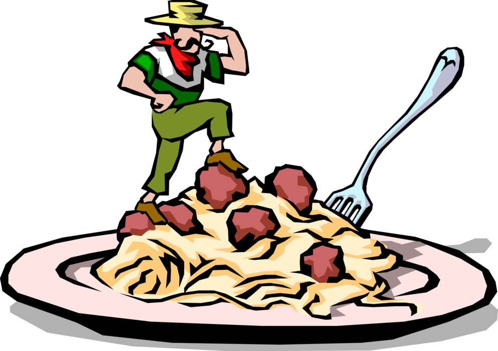 Vector Illustration Of Italian Cuisine Chef Conquers - Clip Art Spaghetti Dinner (993x700), Png Download