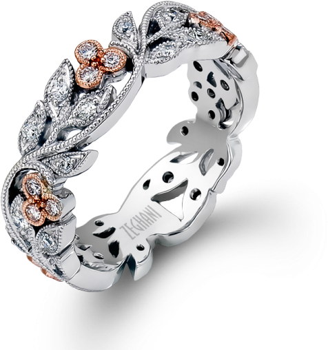 14k Rose And White Leaf Pattern Diamond Ring - Leaf Pattern Diamond Ring (600x600), Png Download