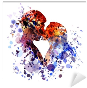 Vector Watercolor Silhouette Of Kissing People Wall - Besos De Acuarela (400x400), Png Download