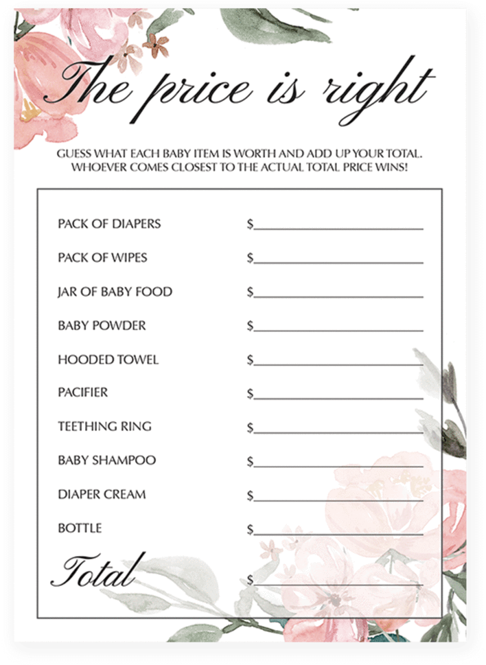 Floral Watercolor Baby Shower Price Is Right Printable - Printable The Price Is Right Baby Shower Game Template (819x1024), Png Download