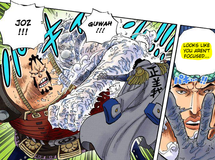 Both Panels Are Directly After Whitebeard Grabs His - Aokiji Battle Of Marineford (718x534), Png Download