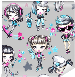 Watercolor Seamless Pattern With Fashion Teenagers - Design (400x400), Png Download