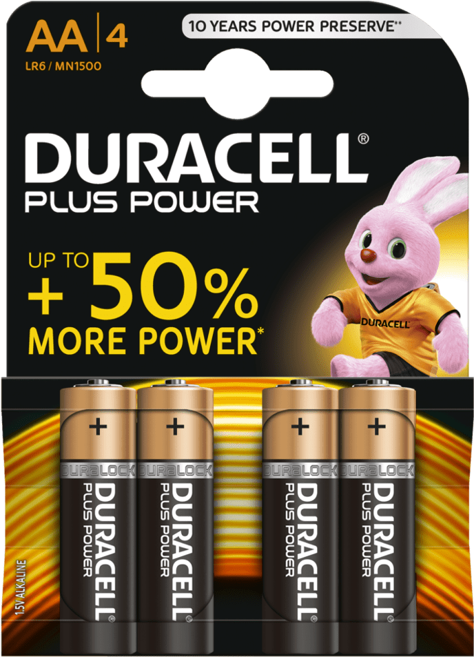 Plus Power Alkaline Aa Batteries - Duracell Plus Power Batteries - 4 Pack (1000x1000), Png Download