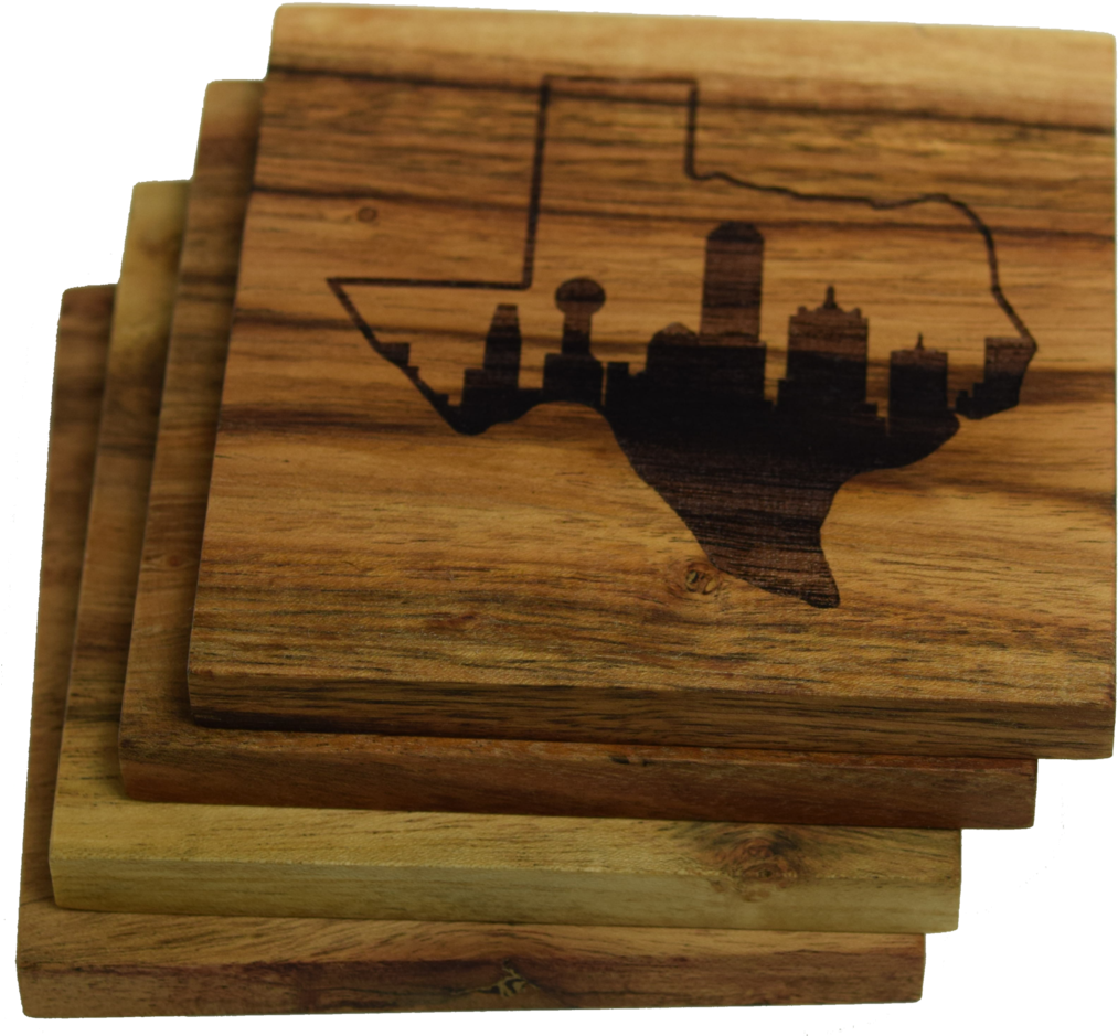 Dallas Skyline With Texas State Outline Coaster - Wood Texas State (1024x960), Png Download
