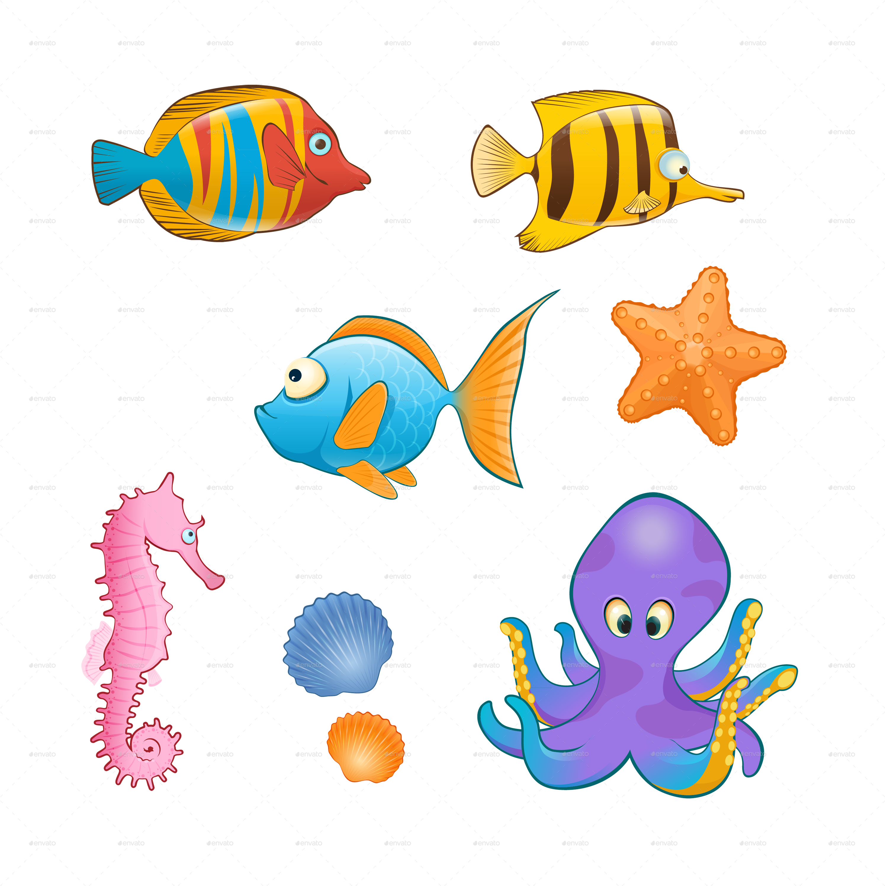 Banner Royalty Free Library Set Of Sea Animals On Blue (3000x3000), Png Download
