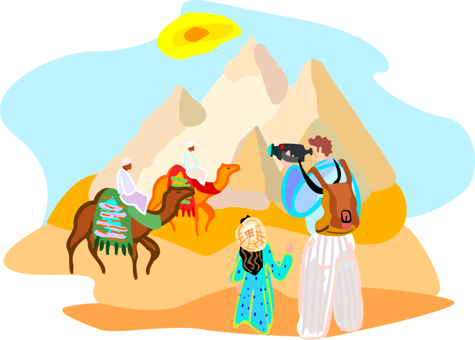 Vector Illustration Of Tourists Video Camels At Great (979x700), Png Download