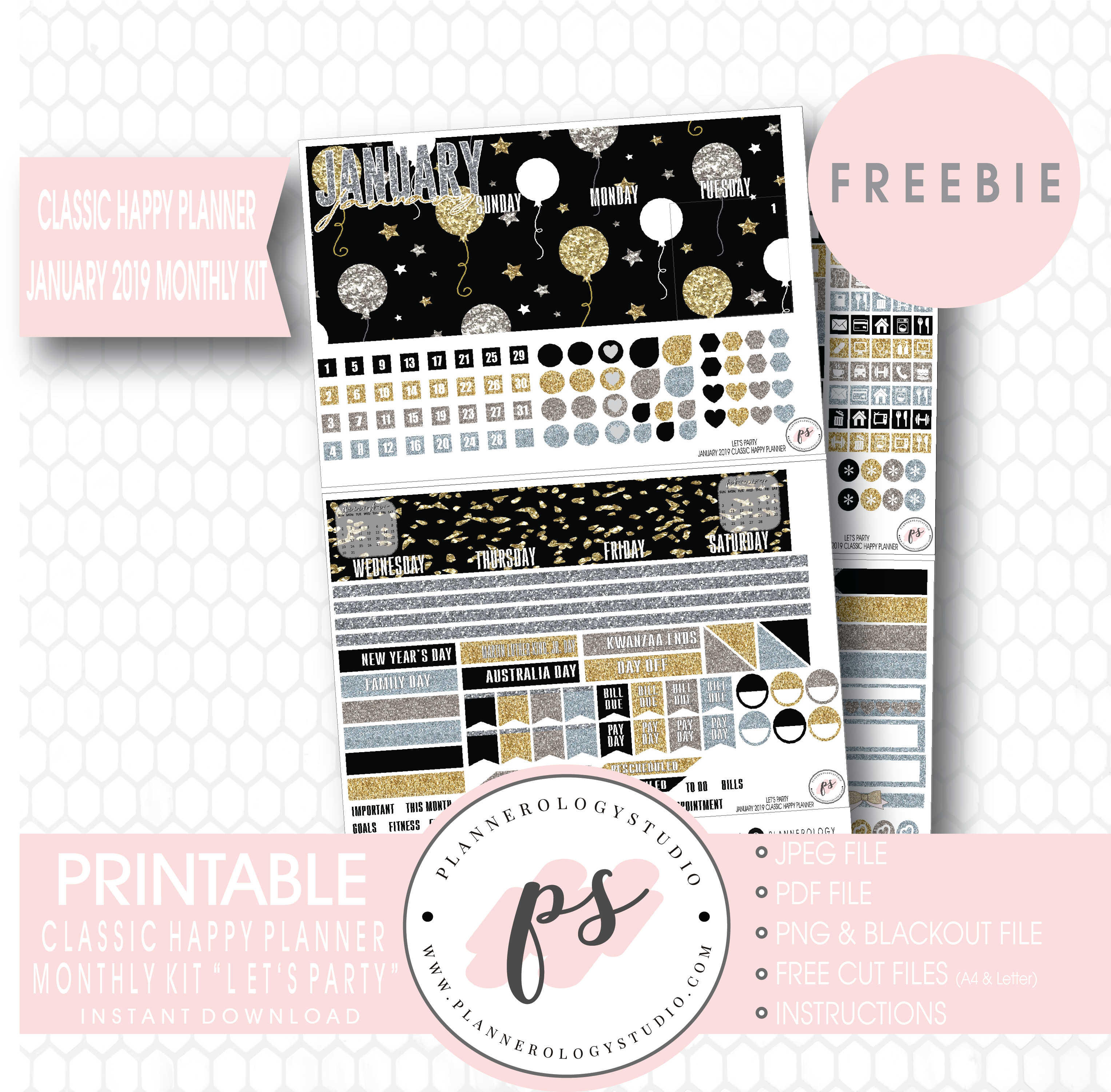 Let's Party Classic Happy Planner January 2019 Monthly (3067x3000), Png Download