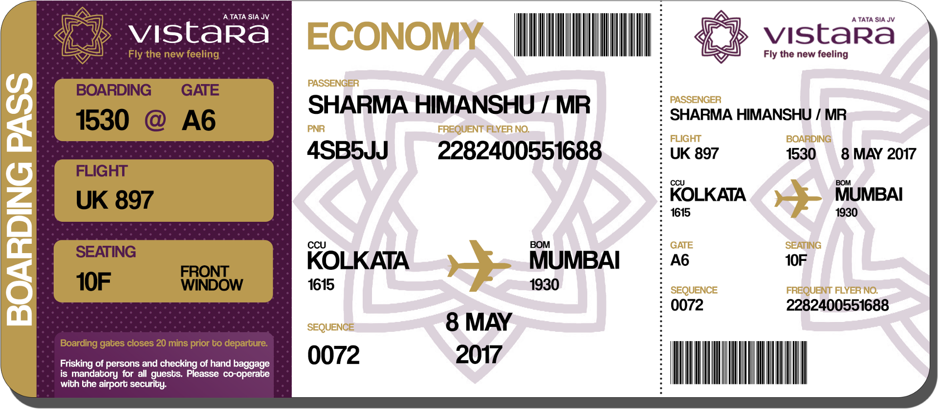 Download Mockup Of A Boarding Pass For Vistara Transparent PNG
